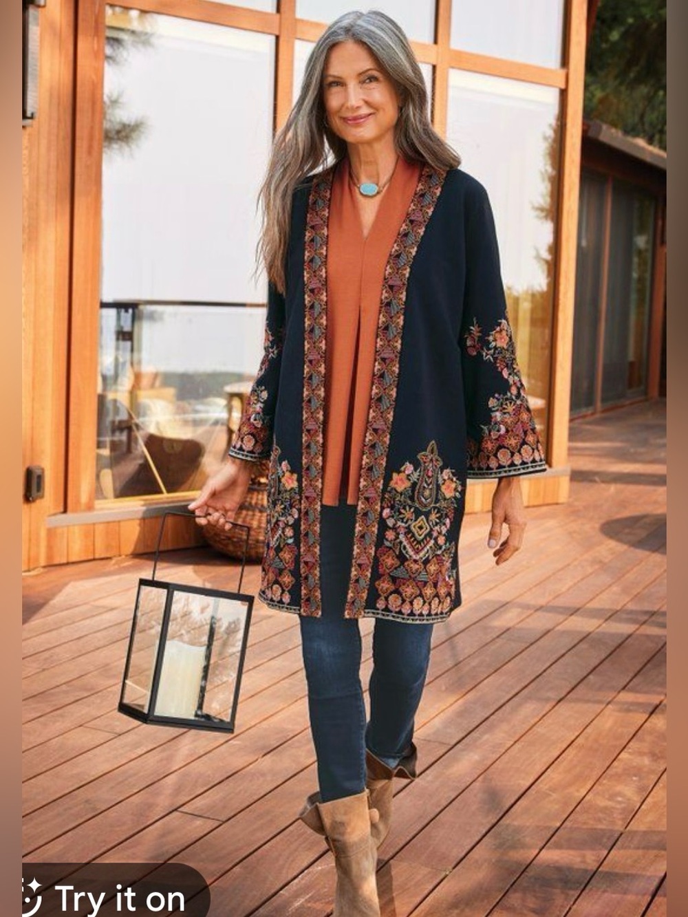 Soft Surroundings Embroidered Kimono Cardigan 3X Black Floral Boho Open Front